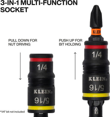 Klein Tools 32934 Impact Driver, 9-in-1 SAE Impact Socket Set, 4 Flip Sockets with 1/4, 5/16, 3/8, 7/16, 1/2, 9/16, 5/8, and 3/4-Inch Nut Driver Sizes with Bit Holder, 6-1/2-Inch Shaft