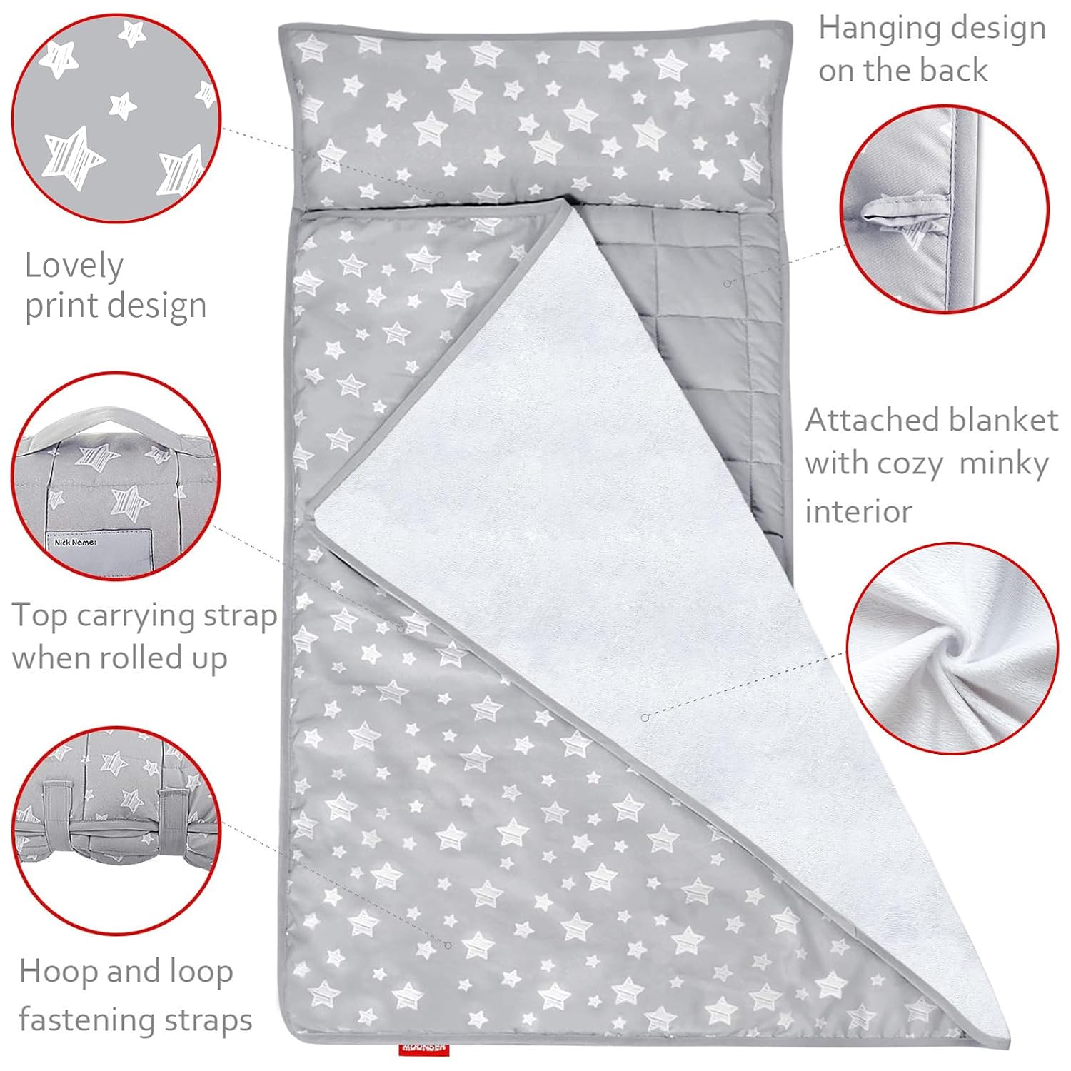 Moonsea Toddler Nap Mat with Pillow and Fleece Minky Blanket Grey