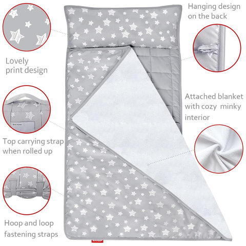 Moonsea Toddler Nap Mat with Pillow and Fleece Minky Blanket Grey