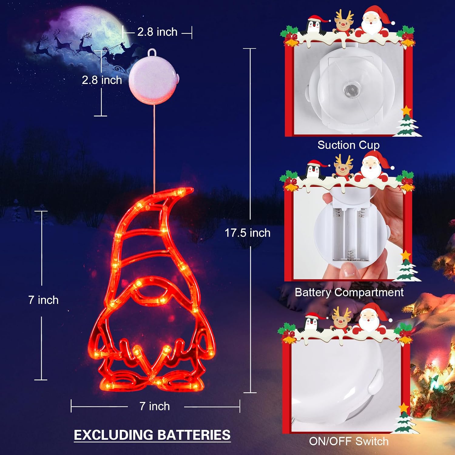 LOLStar 3 Pack Red White and Green GnomesChristmas Window Lights,Suction Cups 2025 Upgrade Timer Function and Slowly Fade Mode Battery Operated Indoor Decors Christmas Decorations
