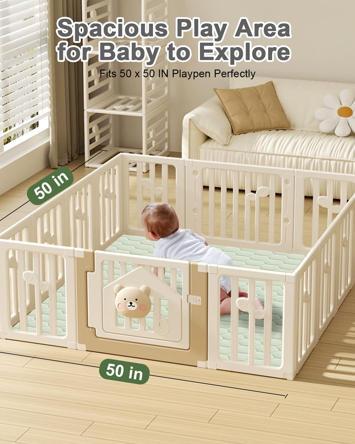 TINYHARBO Premium Foam Baby Play Mat 50" x 50" with Removable Cover, Extra Thick Padding Playpen Mat, Non-Slip Floor Mat, Stylish & Easy to Clean for Crawling Baby, Infants & Toddlers, Green