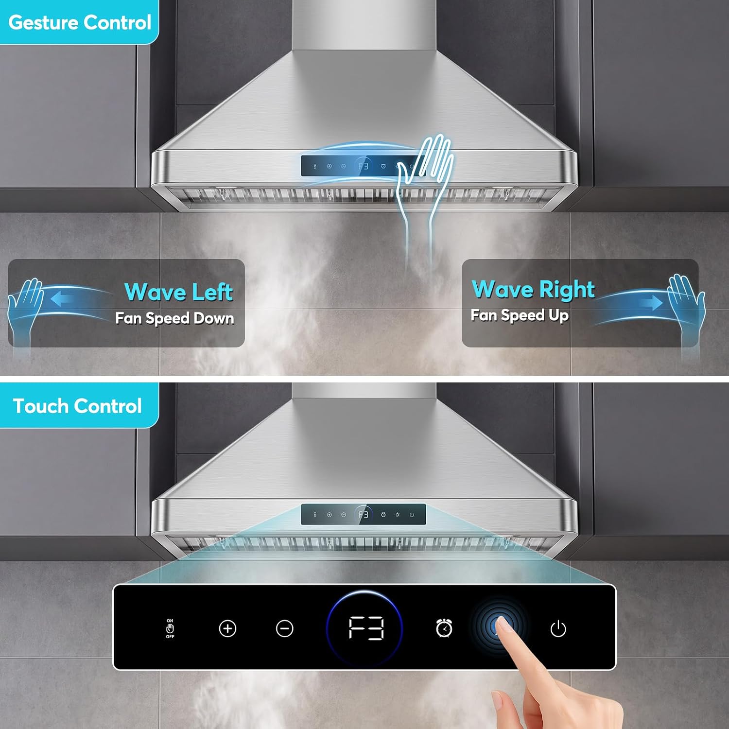 30 inch Wall Mount Range Hood, 1200 CFM Gesture Touch Stainless Steel Hood