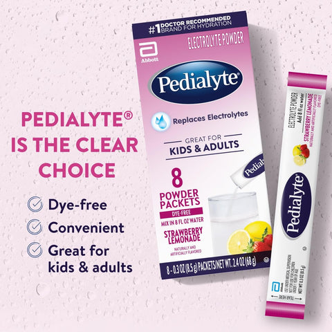 Pedialyte Electrolyte Powder, Hydration Drink for Kids & Adults, Strawberry Lemonade, 8 Powder Packets