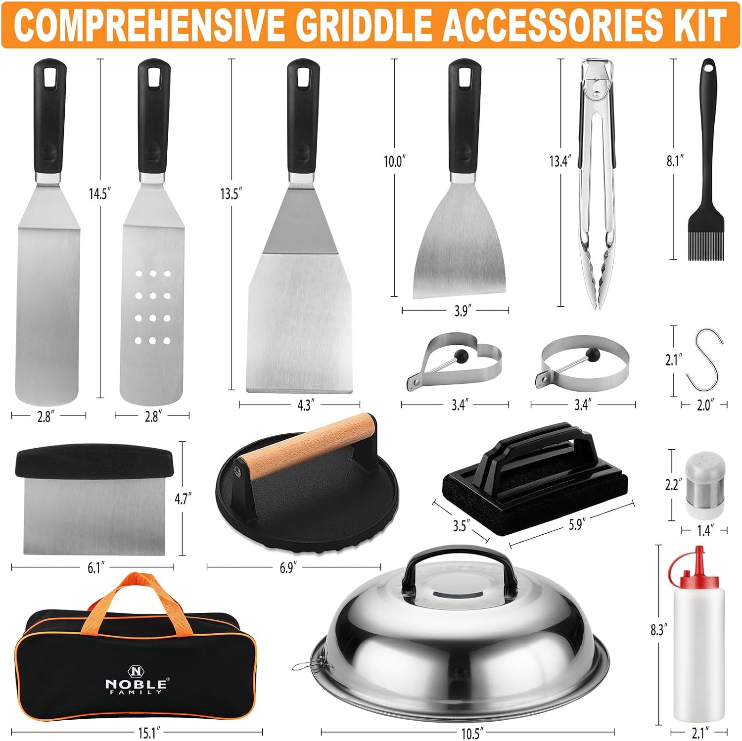 N NOBLE FAMILY 27 PCS Griddle Accessories Kit, Flat Top Grill Accessories Set for Camping, Professional Griddle Spatula Set with Melting Dome, Burger Press for Outdoor BBQ Teppanyaki