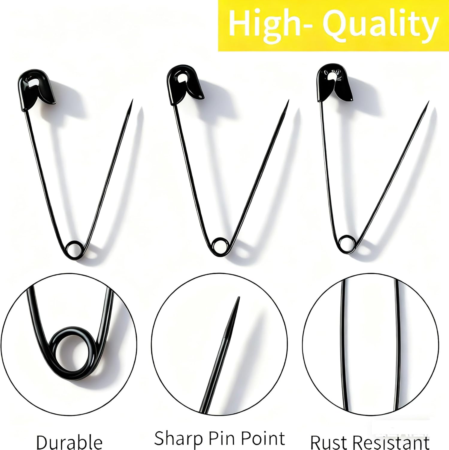 Hudinsun 120 PCS 5 Different Sizes Black Safety Pins Assorted, Small and Large Safety Pins Bulk for Sewing and Clothes