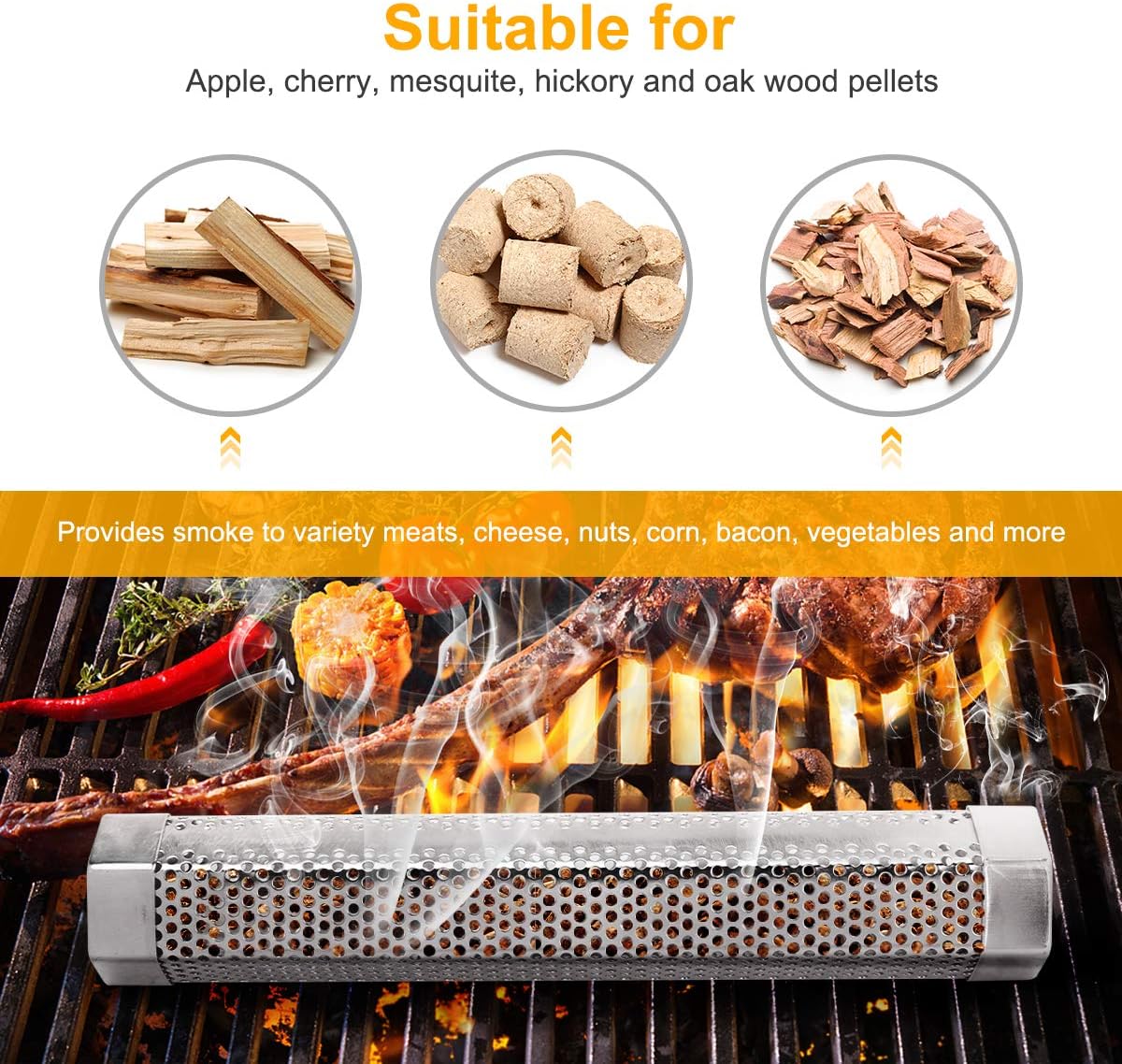 2 Pack 12'' Stainless Steel Pellet Smoker Tube, with Brush and Hooks