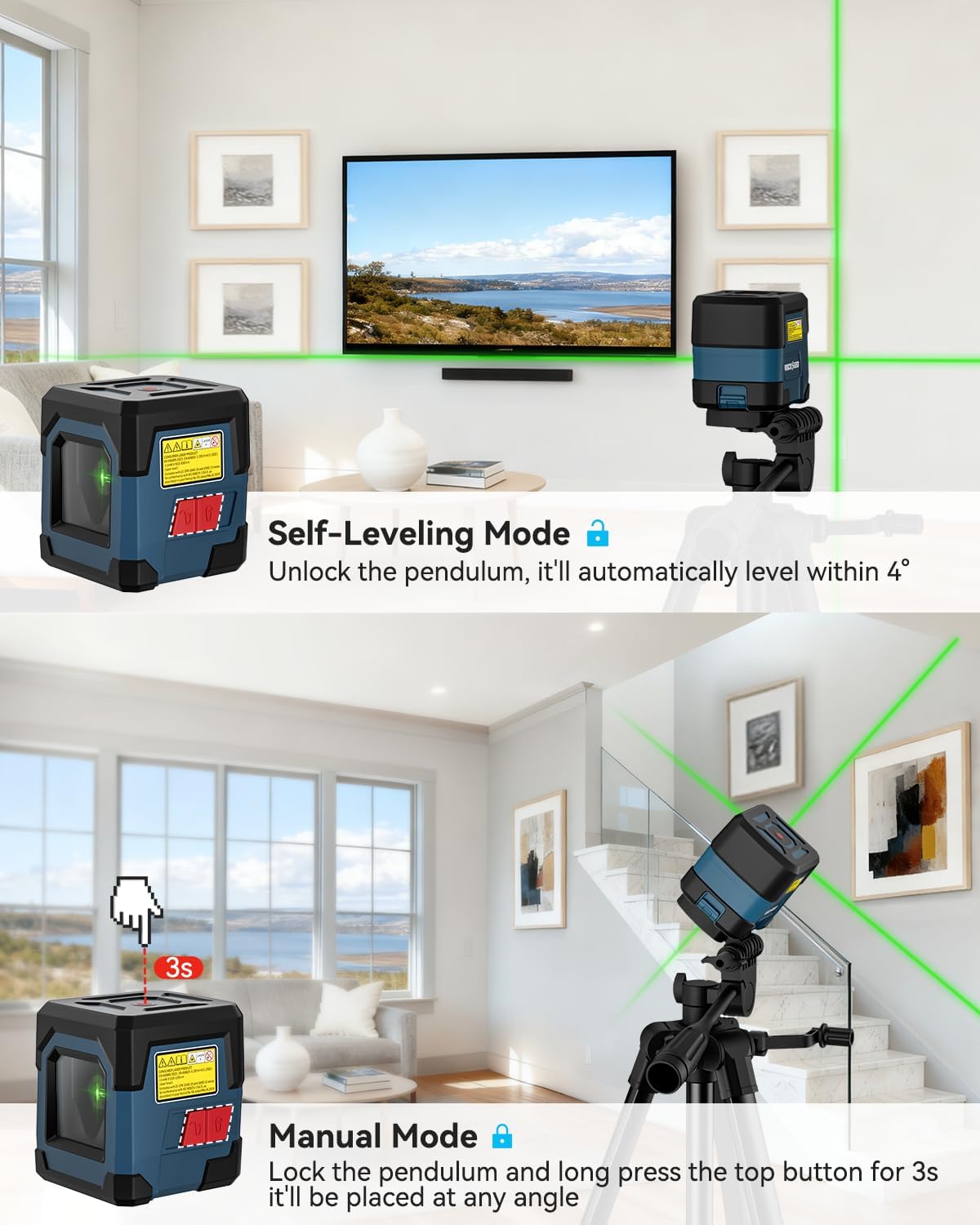 Laser Level, RockSeed Cross Line Laser with Self-Leveling, Vertical and Horizontal Line, Rotatable 360 Degree, Carrying Pouch, Battery Included (40 Inch Tripod)