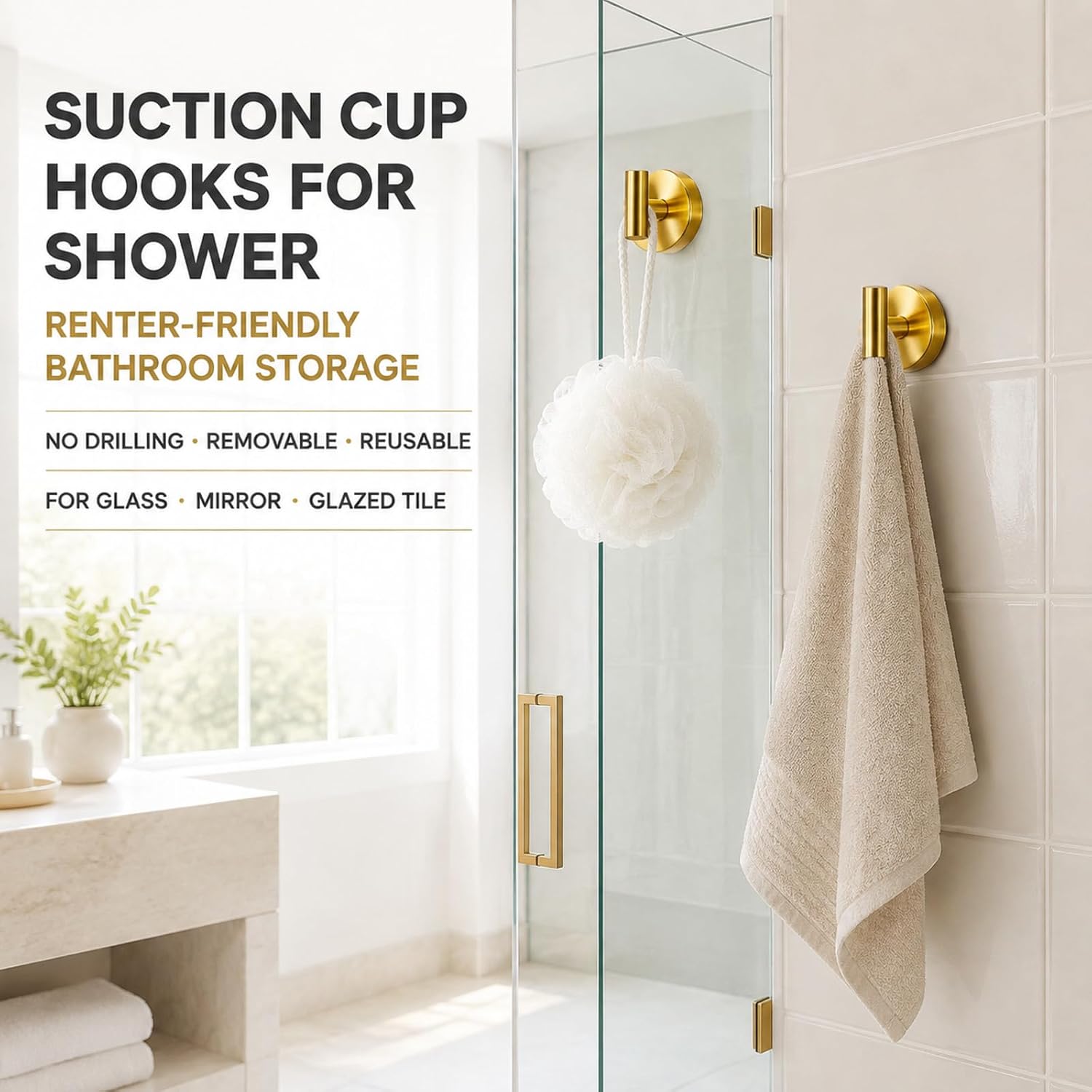 Suction Cup Hooks for Shower - Bathroom Reusable Towel Hooks