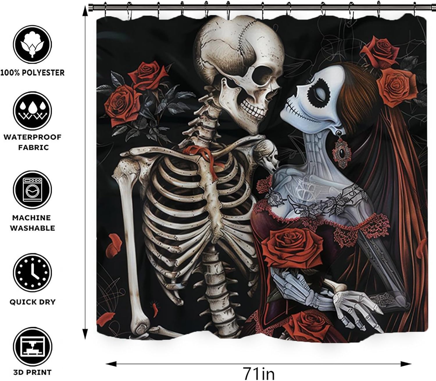 Halloween Shower Curtain and Rugs Bathroom Sets, 4 Pcs Red Rose Skull Couple with Sugar Kiss Flower Bath Decor,Black Waterproof Tub Curtains Mats/U-Shape Rug Toilet Cover Hooks (Y6)