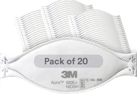 3M Aura Particulate Respirator 9205+, N95, Individually Wrapped, 3 Panel Flat Fold Design Allows for Facial Movements