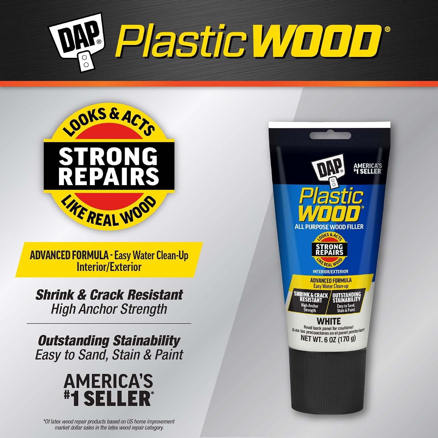 DAP Plastic Wood All Purpose Latex Wood Filler, White, 6 Oz - Packaging may vary