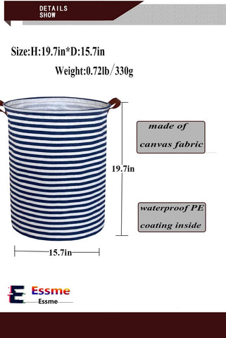 ESSME 2pack Kids Laundry Hamper,Boys laundry basket,Collapsible Bule storage basket with Waterproof PE Coating,Canvas Fabric Nursery Hamper for Kids Room Decor,Toy storage,Gift,Baby Clothing.(2pack Navy Blue stripes)
