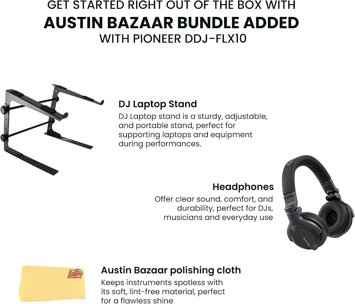 Pioneer DJ DDJ-FLX10 4-Channel Professional DJ Controller - Black Bundle with Laptop Stand, Headphones, and Austin Bazaar Polishing Cloth