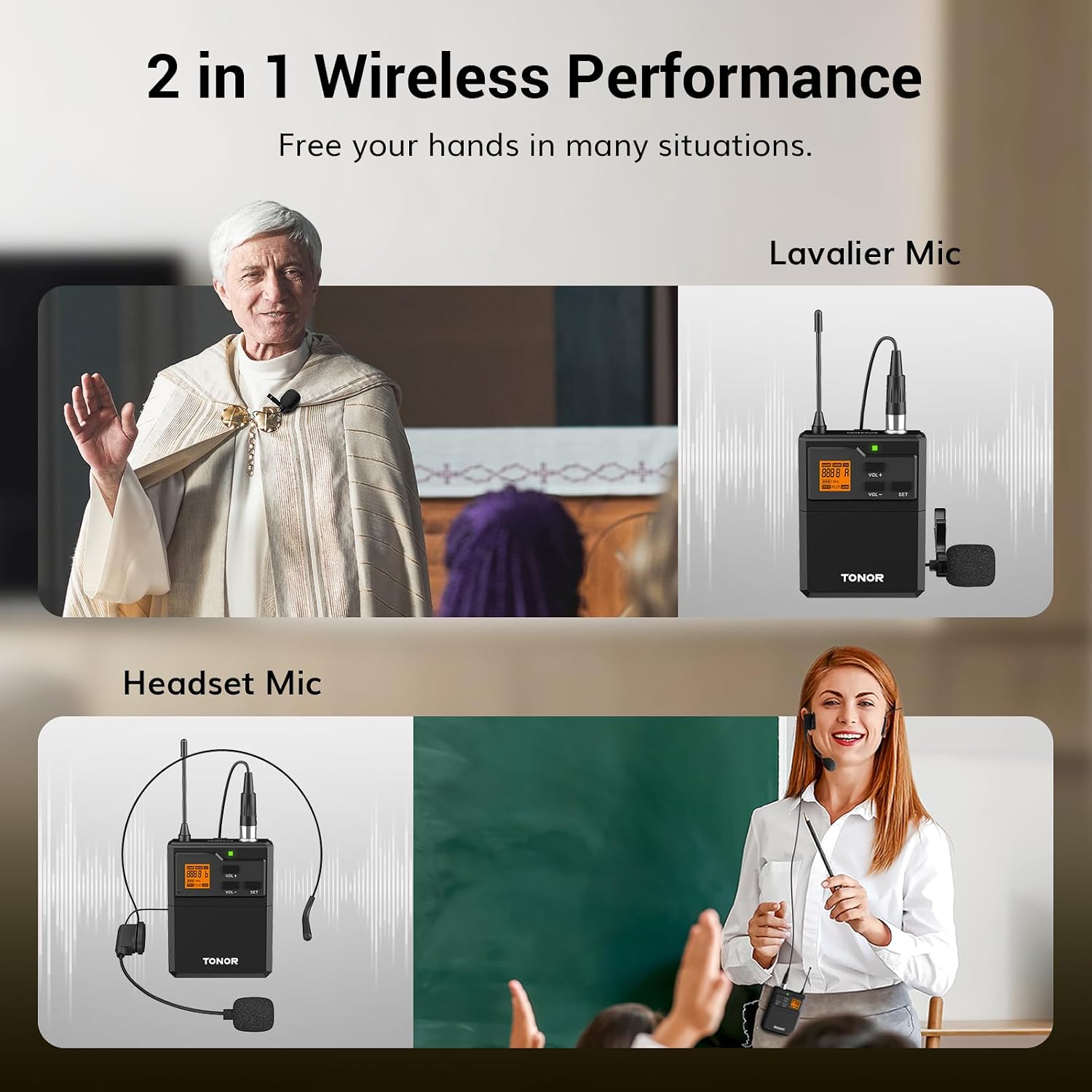 TONOR UHF Wireless Microphone System, 2 Sets Bodypack & Lavalier Mic