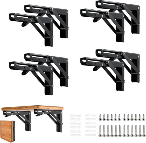 Folding Shelf Brackets 10 inch 8 Pcs - DIY Wall Mounted Shelf Bracket for Garage Workstation, Stuff Supports, Plant Stand - Heavy Duty Metal Collapsible Floating Shelf Bracket Black