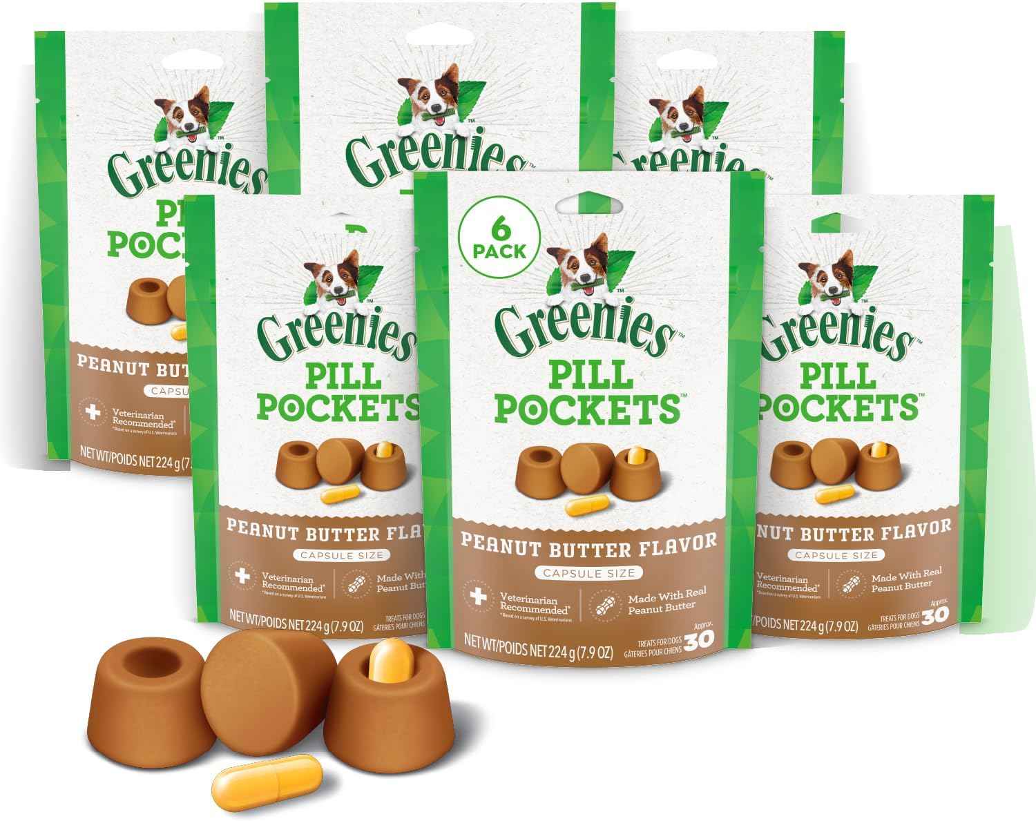 Greenies Pill Pockets Large Size Dog Treats, Peanut Butter, 7.9 oz, 6-Pack