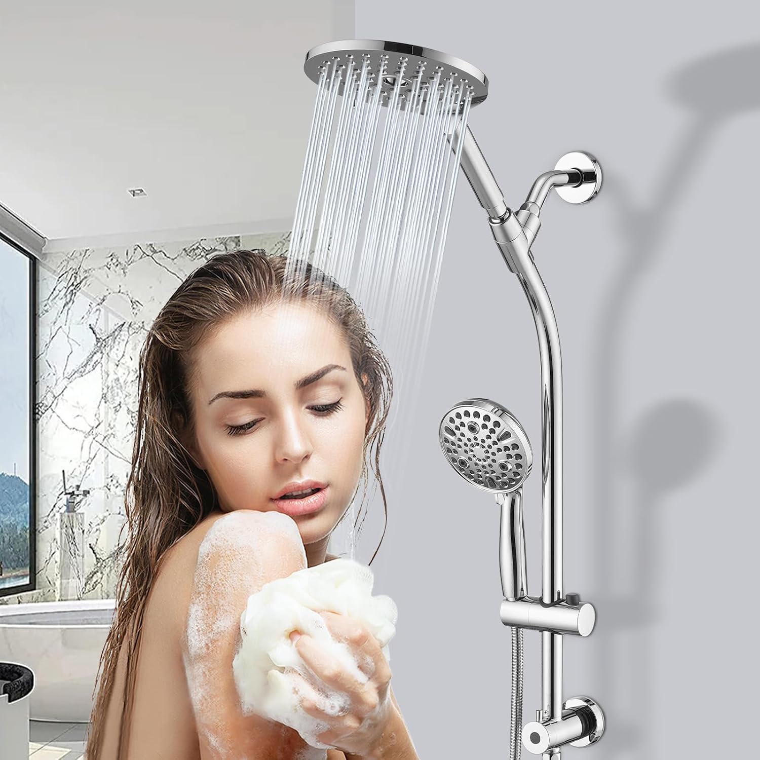 High Pressure Shower Head with Handheld Shower, 26" Adjustable Height Drill-Free Slide Bar, 3-Way Diverter for Easy Reach, Dual Shower Head Combo Set with 5ft Hose - Chrome