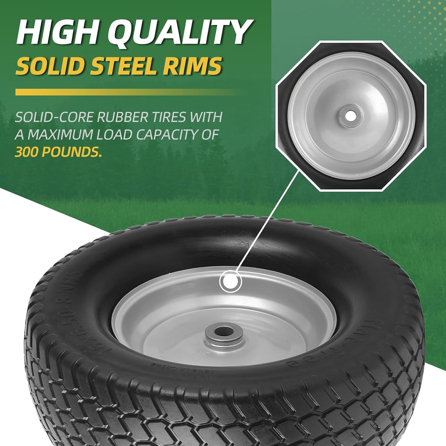 AR-PRO (2-Pack) 16x6.50-8 Flat-Free Tire and Wheel Assemblies, Relacement 16x6.5-8 Solid Turf Tire with Rim for Garden Tractor Riding Lawn Mowers, 3" Offset Hub and 3/4" Bushings