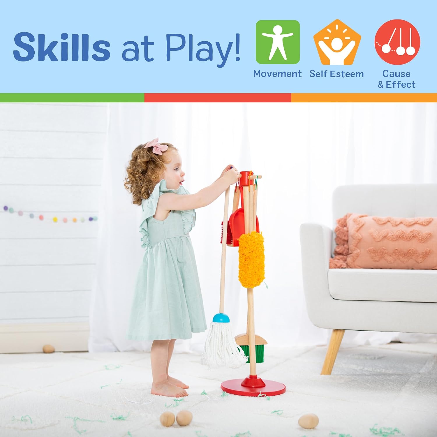 Melissa & Doug Dust Sweep Mop, 6-Pc. Toddler Cleaning Set with Kids Broom & Accessories, Preschool Learning Activities & Kids Toys for Girls & Boys 3+