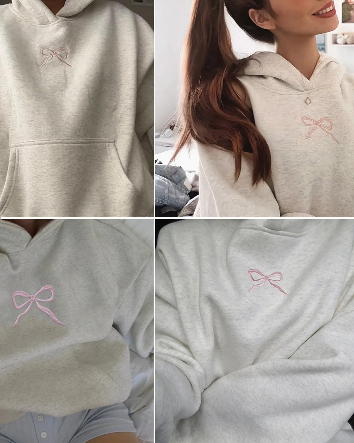 Pinclodly Hoodies for Teen Girls Long Sleeve Cute Sweatshirts Hooded Embroideried Bow Sweatshirt Preppy Clothes Fall Winter