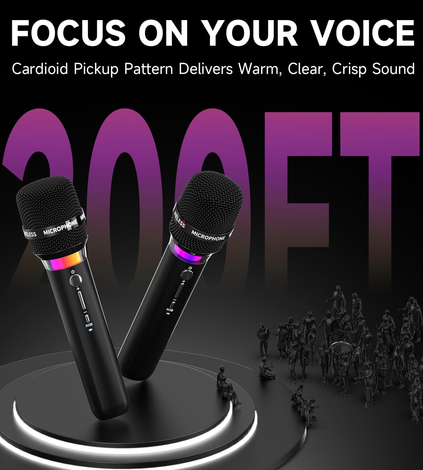 Wireless Microphone, Rechargeable Wireless Microphones with One-to-One Chip Connection and LED Lights, 40H Duration, 200FT Range Receiving, Less Latency Karaoke Microphone for Singing, Speech, Party
