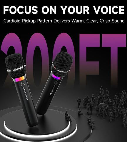 Wireless Microphone, Rechargeable Wireless Microphones with One-to-One Chip Connection and LED Lights, 40H Duration, 200FT Range Receiving, Less Latency Karaoke Microphone for Singing, Speech, Party