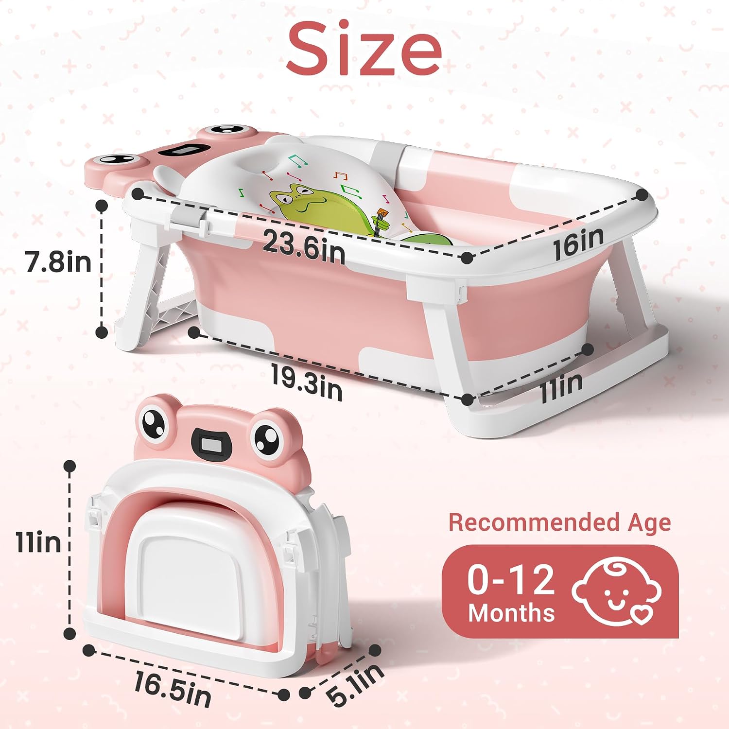 BUNWAG Baby Bathtub, Collapsible Newborn Bathtub for Infant to Toddler with Soft Cushion and Thermometer,Portable Travel Newborn Tub with No-Slip Feet, Baby Shower Gifts, 0-12 Months Baby Bath, Pink