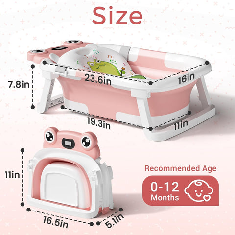 BUNWAG Baby Bathtub, Collapsible Newborn Bathtub for Infant to Toddler with Soft Cushion and Thermometer,Portable Travel Newborn Tub with No-Slip Feet, Baby Shower Gifts, 0-12 Months Baby Bath, Pink