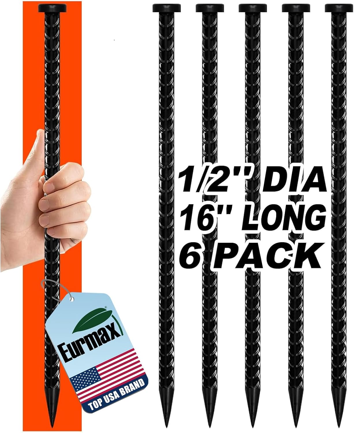Eurmax USA 6-Pack 16 Inch Rust-Proof Steel Canopy Anchors for High Winds, 1/2 Inch Galvanized Rebar Stakes Heavy Duty Ground Anchors for Camping Tent, Speed Bump, Parking Curb, Garden Support