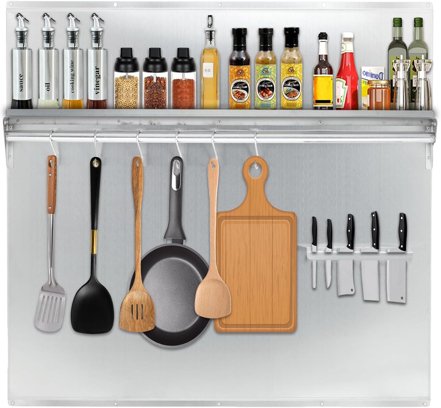 24"x30" Stainless Steel Range Backsplash for Stove Hood, Wall Mount Panel with Storage Shelf & Knife Rack, Commercial Grade, Pre-Drilled Holes for Easy Installation & Cleaning