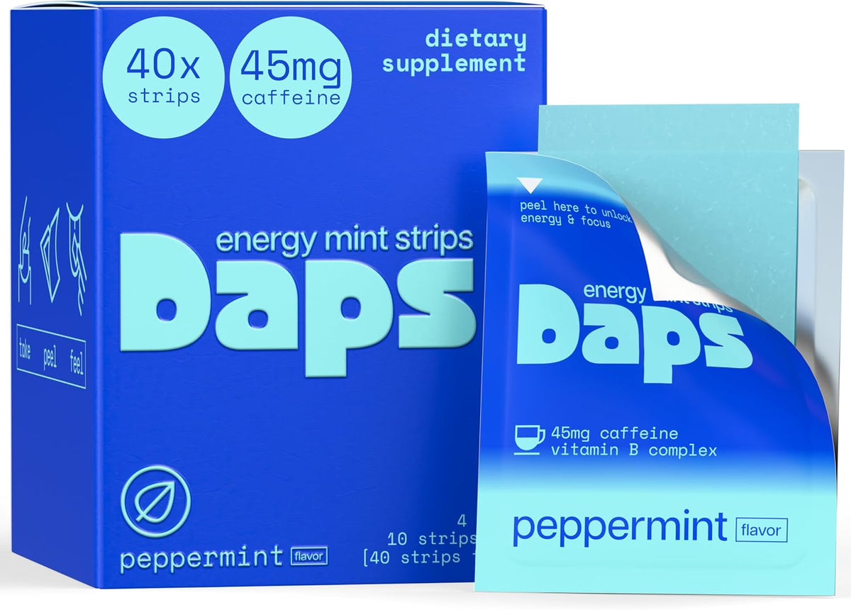 Daps Mint Energy Strips - 45mg Natural Caffeine + B-Vitamins - Fast-Acting Energy Supplement - Works Faster Than Coffee - On-The-Go, Sugar Free - Peppermint, 40 Strips