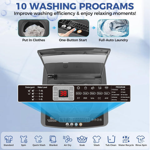 Nictemaw Portable Washing Machine, 20Lbs Capacity Full-Automatic Portable Washer, 2.8Cu.ft Washer and Dryer Combo with Drain Pump, LED Display, 10 Programs & 8 Water Levels