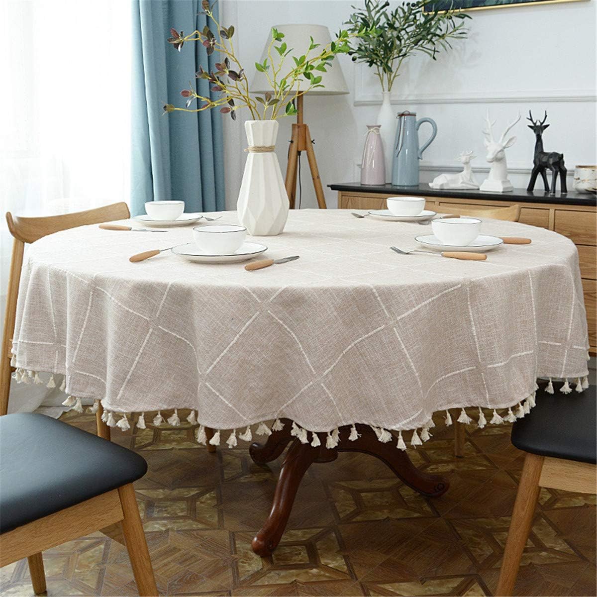 Round Tassel Plaid Tablecloth, Heavy Weight Cotton Linen Fabric Table Cover for Kitchen Dining Tabletop Decoration, Beige, 62" Round
