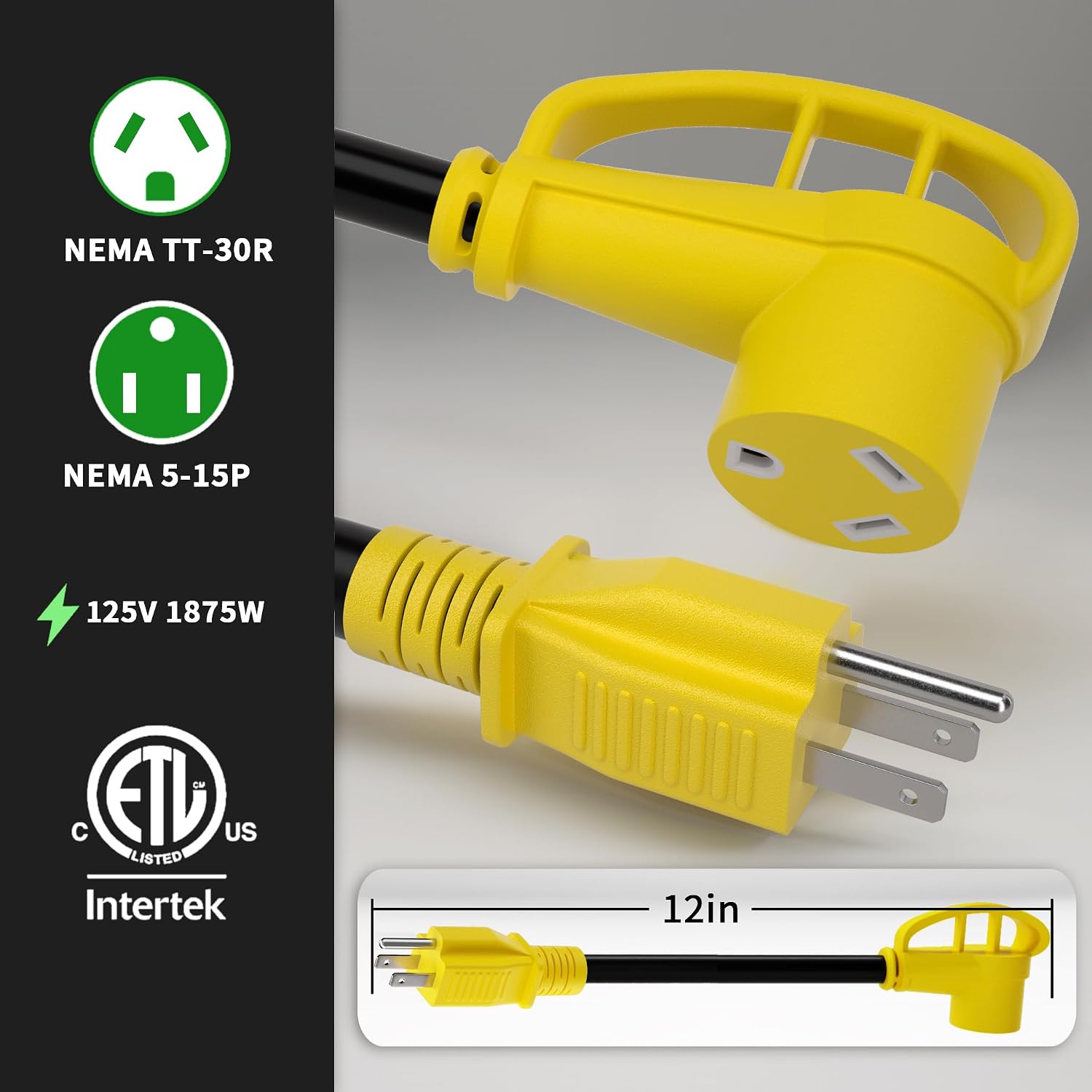 POWGRN RV 30 Amp to 110 Adapter Cord 12 inch Yellow, STW 15A 125V 1875W