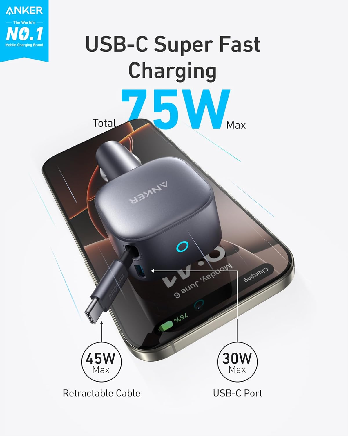 Anker 75W Fast Charging USB C Car Charger with Retractable Built-in Cable
