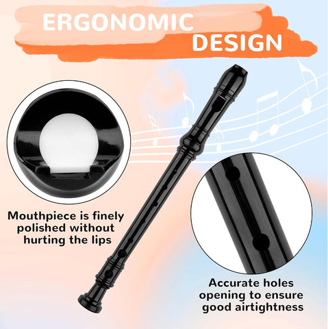 Soprano Recorder Instrument for Kids Beginners 8 Hole Flute for School Students with Cleaning Rod, C Key Baroque Fingering, Black Plain Edition