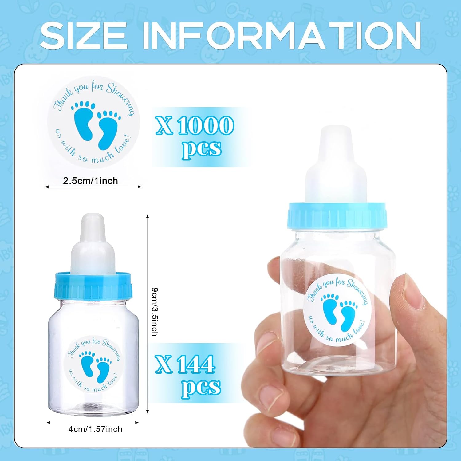 144 Blue Mini Baby Bottles for Baby Shower Favors - Plastic, Vented, Standard Bottle, 5.5 oz, Set of 144 with 500 Stickers - Baby Boy Shower Party Games Decorations