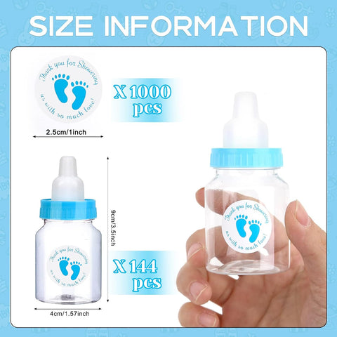 144 Blue Mini Baby Bottles for Baby Shower Favors - Plastic, Vented, Standard Bottle, 5.5 oz, Set of 144 with 500 Stickers - Baby Boy Shower Party Games Decorations