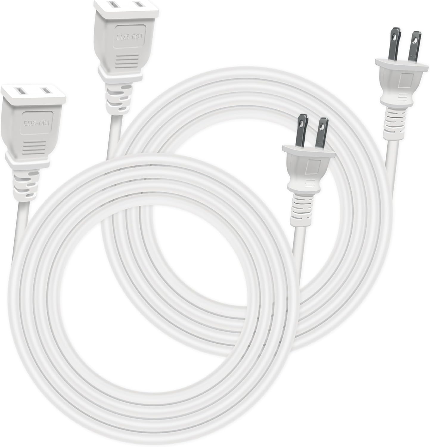 10 Foot Flat Extension Cord, White, 2 Prong 5A 625W (2 Pack)