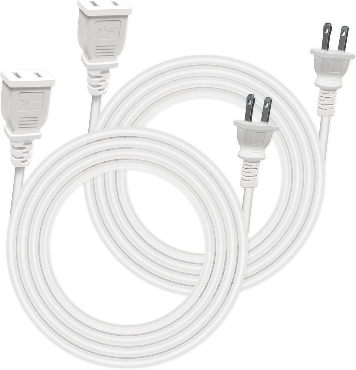 10 Foot Flat Extension Cord, White, 2 Prong 5A 625W (2 Pack)