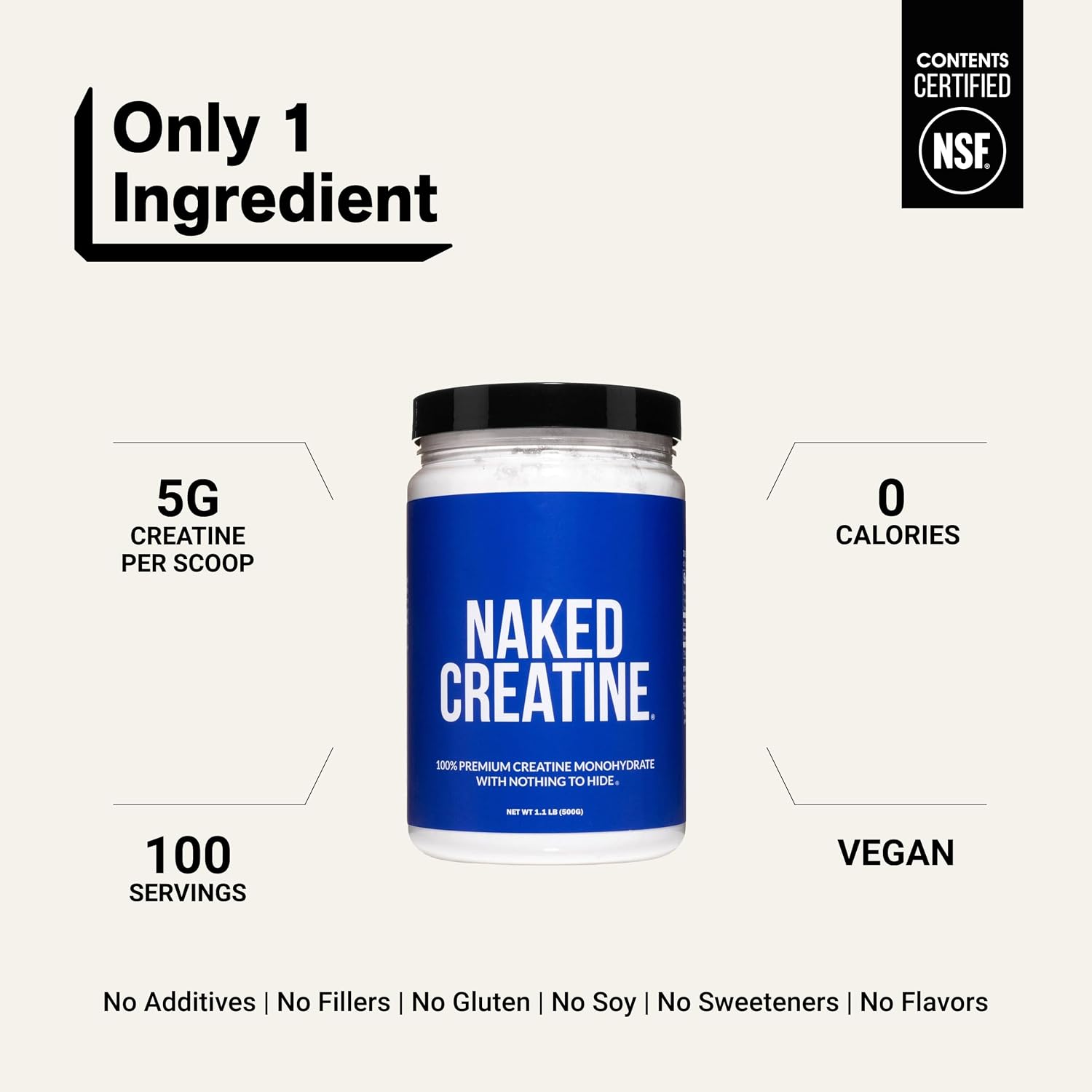 NAKED Pure Micronized Creatine Monohydrate Powder - NSF Certified, Unflavored, 500g, 1.1lb Bulk - Vegan, Non-GMO, Gluten-Free, Soy-Free, No Fillers, Supports Muscle Growth & Strength - 100 Servings