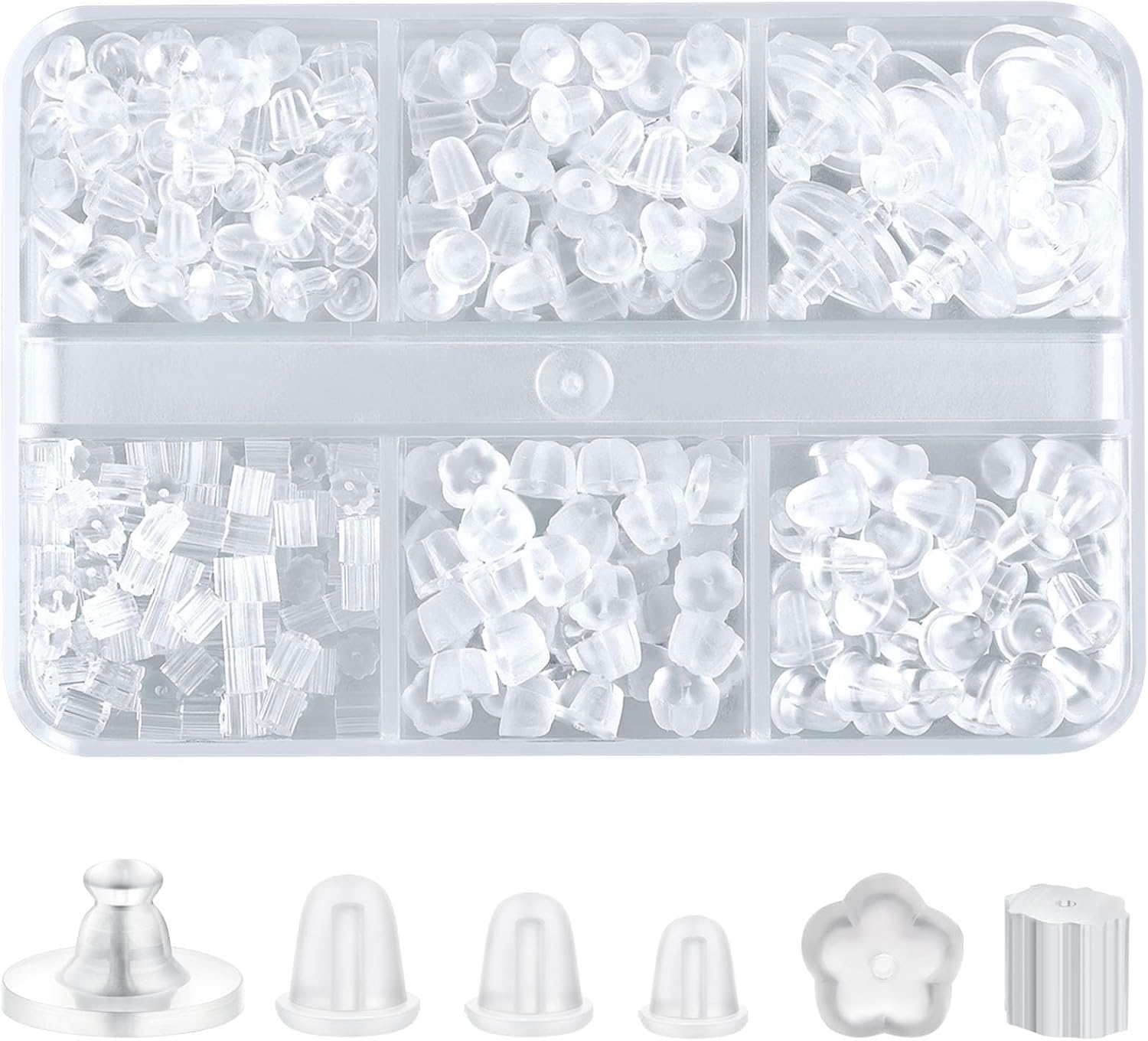 6 Styles Silicone Earring Backs, 600 Clear Soft Hypoallergenic Plastic Rubber Earring Backs Clutch Stoppers Kits for Fish Hook Hoops