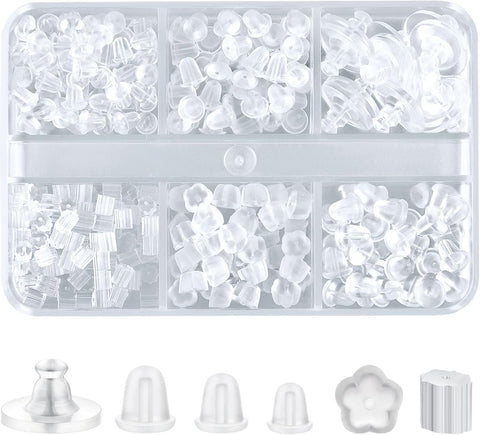 6 Styles Silicone Earring Backs, 600 Clear Soft Hypoallergenic Plastic Rubber Earring Backs Clutch Stoppers Kits for Fish Hook Hoops