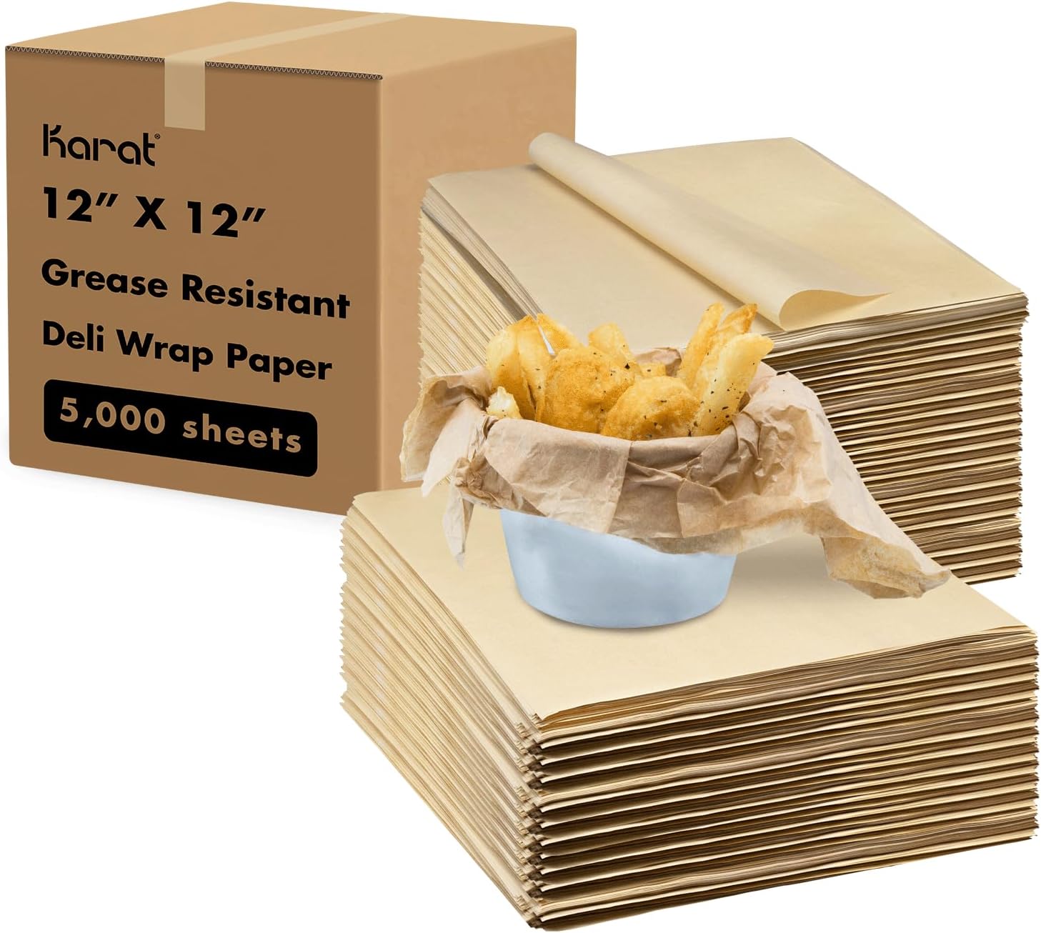 Karat [5,000 ct ] 12" x 12" Deli Paper Sheets | Kraft Grease-Resistant Wrapping Paper | Great for Burgers, Fries, Food Baskets, Containers