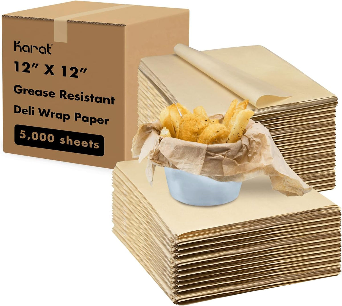 Karat [5,000 ct ] 12" x 12" Deli Paper Sheets | Kraft Grease-Resistant Wrapping Paper | Great for Burgers, Fries, Food Baskets, Containers