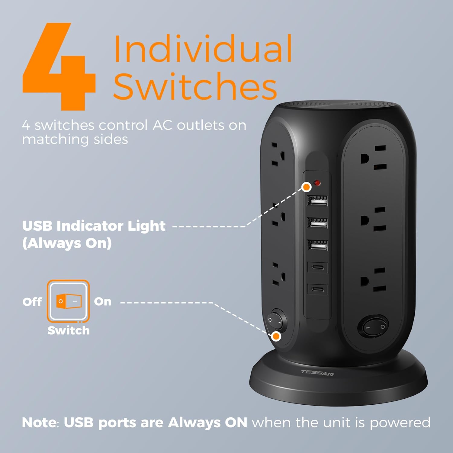 TESSAN Tower Power Strip Surge Protector, Flat Extension Cord 10 Ft,Black