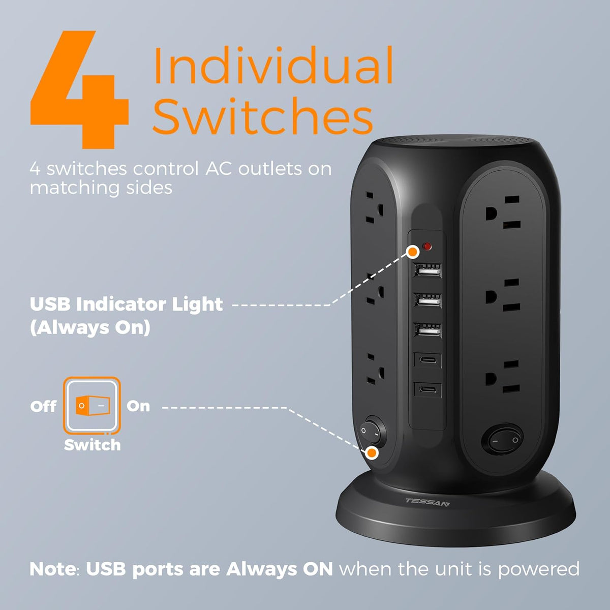 TESSAN Tower Power Strip Surge Protector, Flat Extension Cord 10 Ft,Black
