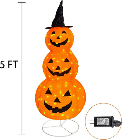 FUNPENY Halloween Collapsible Pumpkin Decorations, Pre-Lit Light Up Pumpkin with Hat, Pop Up Jack-o-Lantern with Metal Stand for Indoor Outdoor Yard Holiday Decor (5FT Pumpkin)