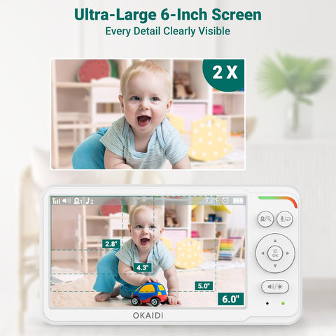 OKAIDI 6" IPS Screen Baby Monitor with Camera and Audio, Pan-Tilt-Zoom