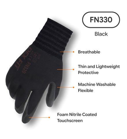 DEX FIT Nitrile Work Gloves FN330, 3D Comfort Fit, Touchscreen Grip Gloves for Warehouse, Construction, Package Handling, Delivery & General Work, Men & Women, Black, M, 3 Pairs